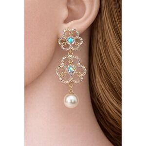 Mint Aurora Borealis Rhinestone Flower Drop Earrings Gold Tone Faux Pearl Statem